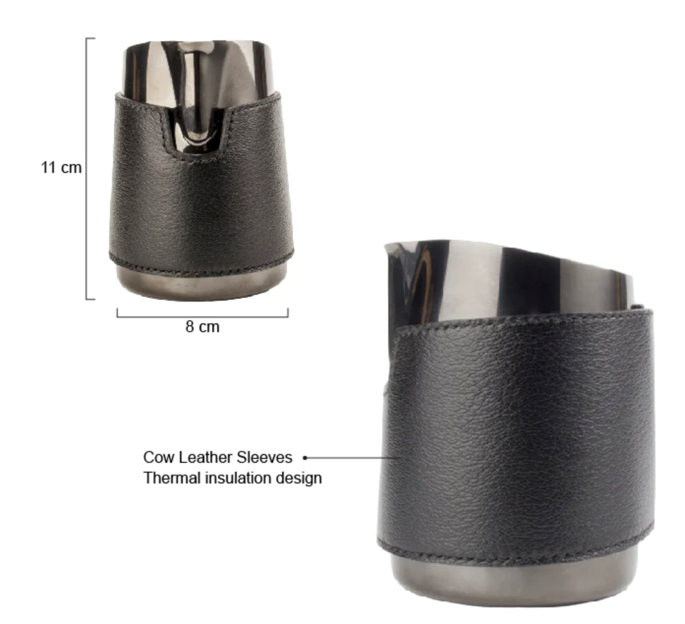 WPM 15OZ TITANIUM BLACK MILK PITCHER (SHARP SPOUT) WITH LEATHER SLEEVE