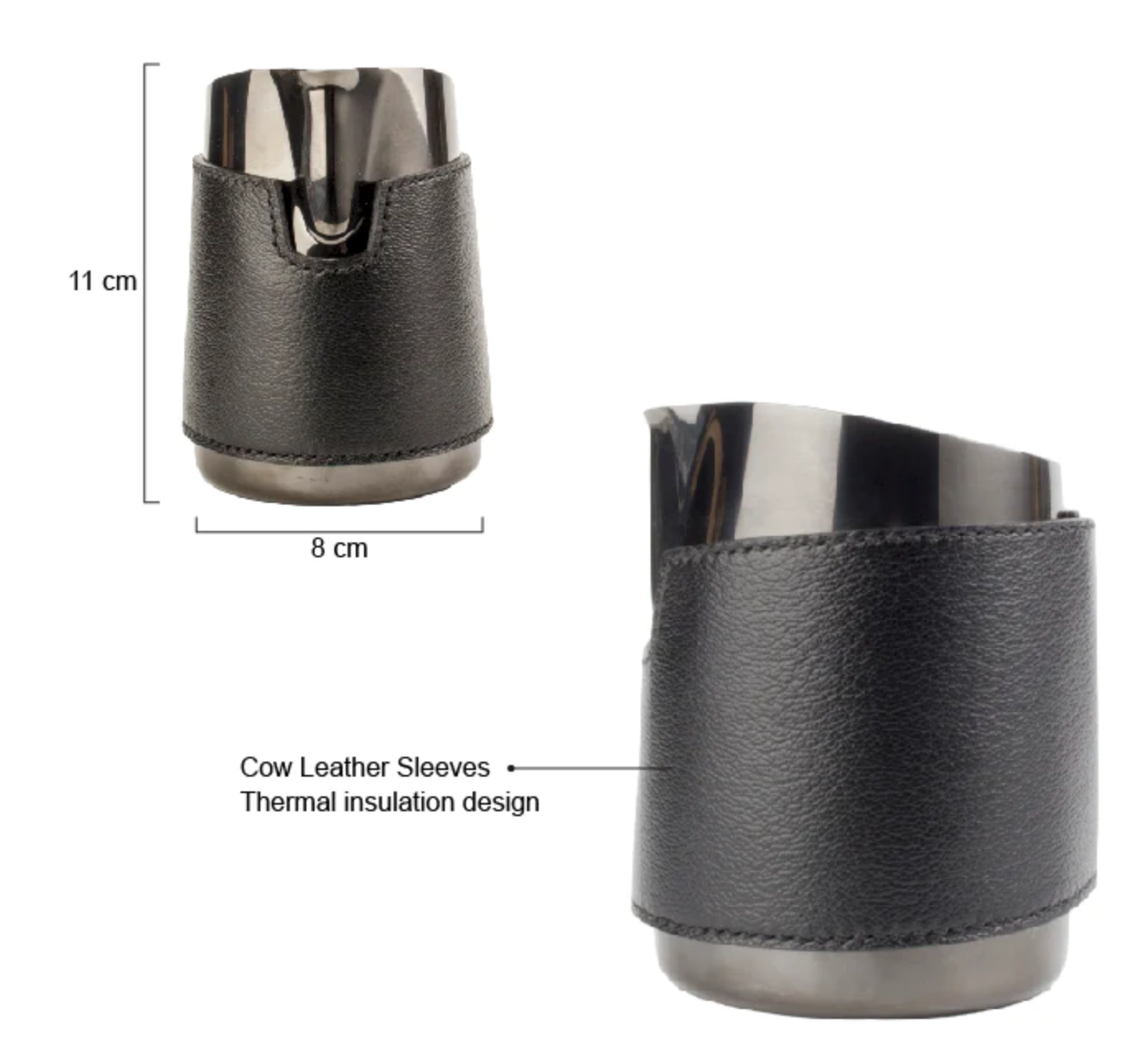 15OZ TITANIUM BLACK MILK PITCHER (SHARP SPOUT) WITH LEATHER SLEEVE